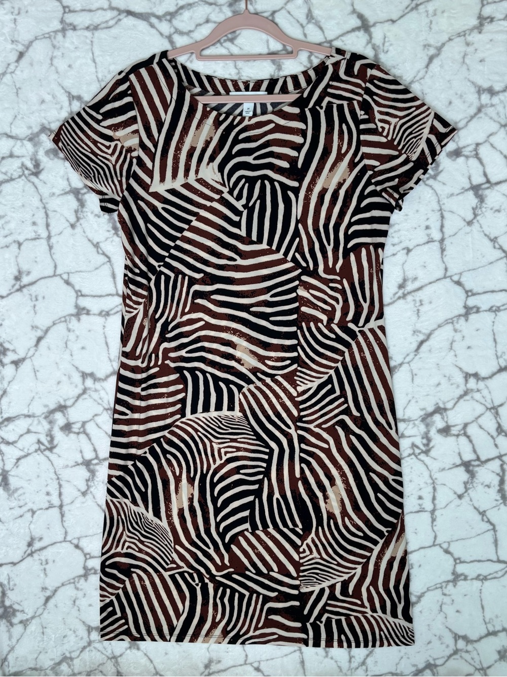 NINE WEST Zebra-Print Shift Dress in Black, Brown, Cream Pattern